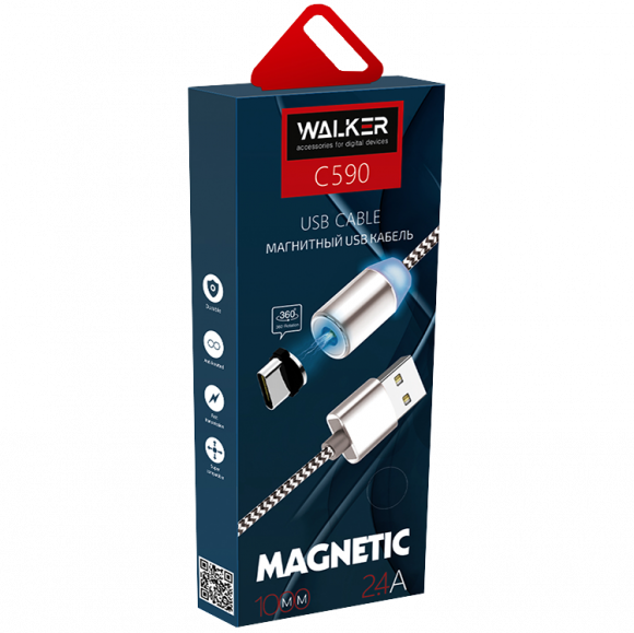 Кабель зарядки магнитный USB - lighting WALKER C590 (Нейлоновая оплетка , 1м) Чёрный