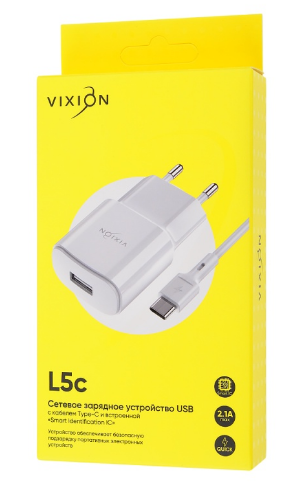 СЗУ (Зарядное устройство) VIXION L5c (USB/2.1A) + кабель Type-c 1m