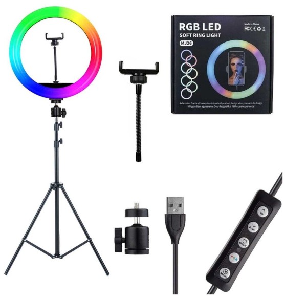 - режимы: цветной, белый (цветовая температура: 2800 K - 5500 К);
- питание: от сети (usb-кабель, без блока в комплекте!)
- переключение режимов: с помощью встроенного пульта;
- держатель для телефона: 1шт.;
- штатив в комплекте: 2,2 М
