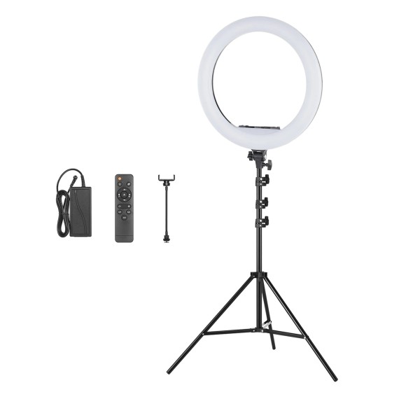 - режимы: белый (цветовая температура: 2800 K - 6000 К);
- питание: от сети (блок встроенный);
- переключение режимов: с помощью пульта (отдельный) либо кнопки на панели;
- держатель для телефона: 3 шт.;
- штатив в комплекте: 2,2 М
