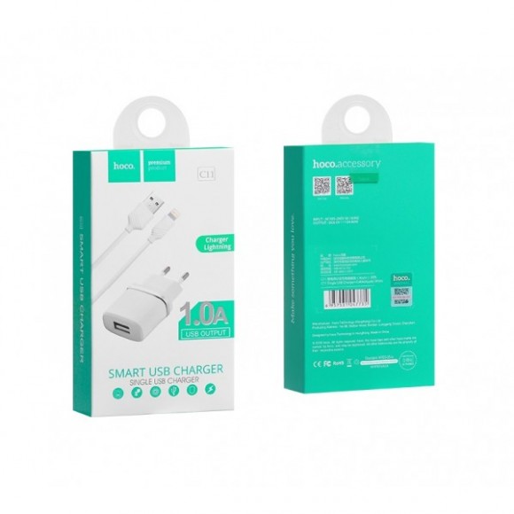Сетевое зарядное устройство USB Hoco C11 (1A, кабель Lightning) Белый