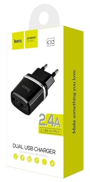 Сетевое зарядное устройство (СЗУ) USB Hoco C12 (2.4A, 2 порта) Черный