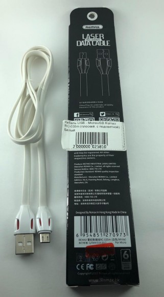 Кабель USB - MicroUSB Remax RC-035m (плоский, с подсветкой) Белый