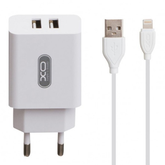  Сетевое зарядное устройство СЗУ XO-L71, 2.4A, 12Вт, USBx2, блочек+кабель Lightning, ,белый 